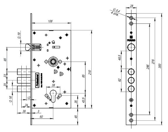Корпус врезного замка c защёлкой MDV25/C-60.85.3R16 Китай