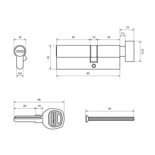 АЛЛЮР DL-02 85 (30 верт. х10х45) СP перекод.5+2 перфокл. Цилиндровый механизм (40,10) Китай