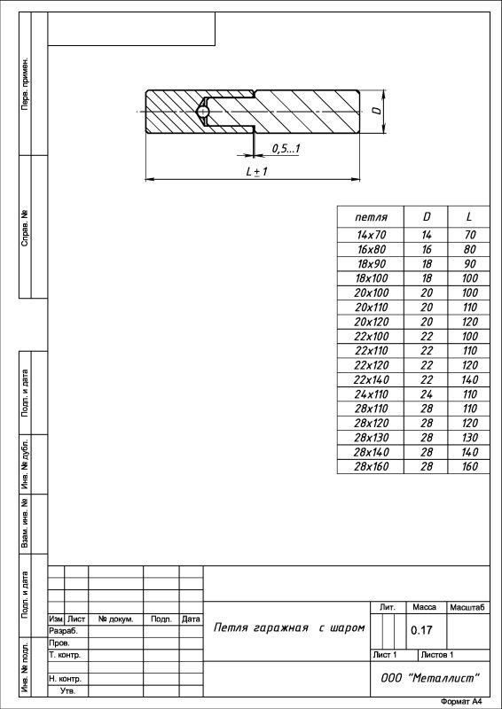 Петля гаражная с шаром 14*70 б/п  (100)