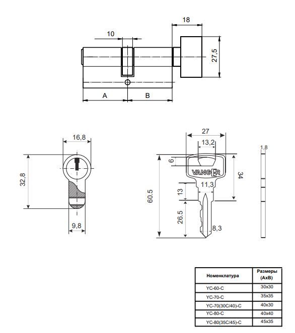 Цилиндровый механизм Vanger YC-60-C-CR