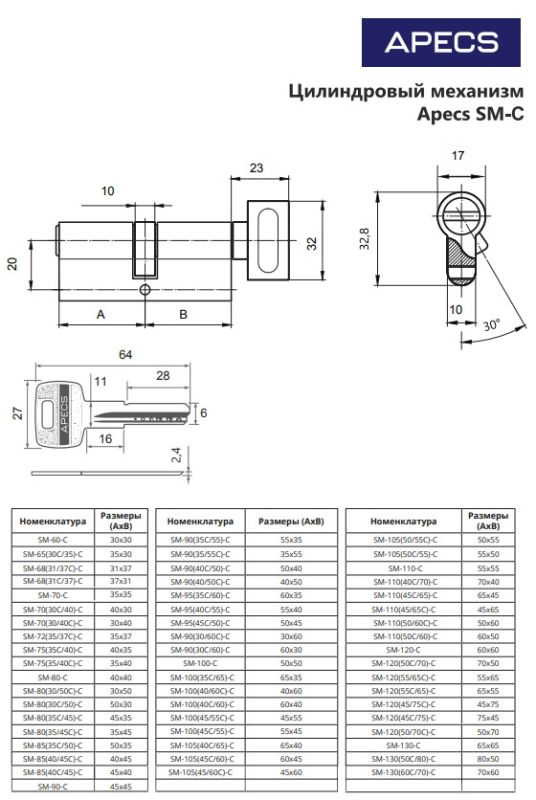 Цилиндровый механизм Аресs SM-80(35/45С)-C-NI Китай