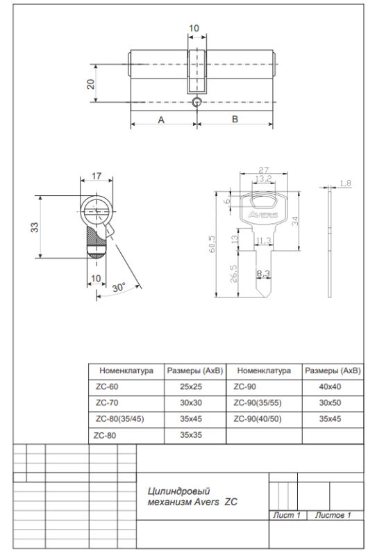 Цилиндровый механизм Avers ZC-60-CR