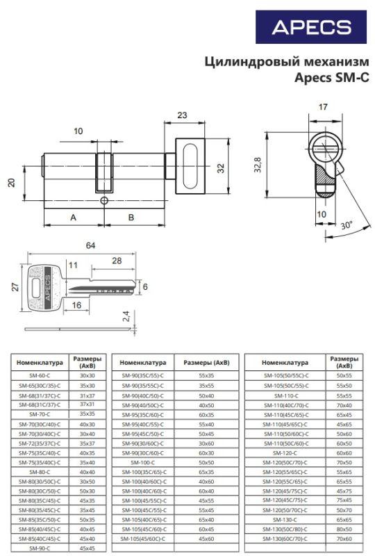 Цилиндровый механизм Аресs SM-90(40/50C)-C-NI Китай