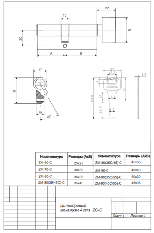 Цилиндровый механизм Avers ZC-60-C-CR