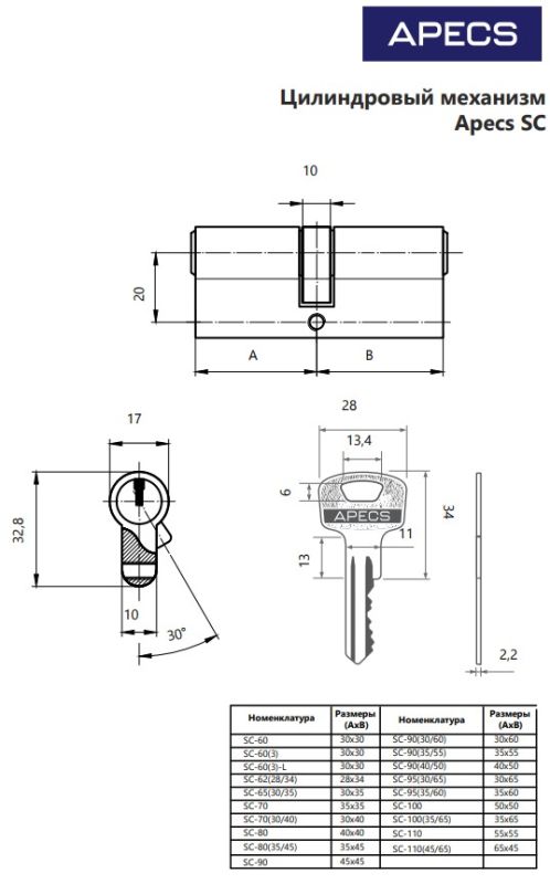 Цилиндровый механизм Аресs SC-70-G Китай