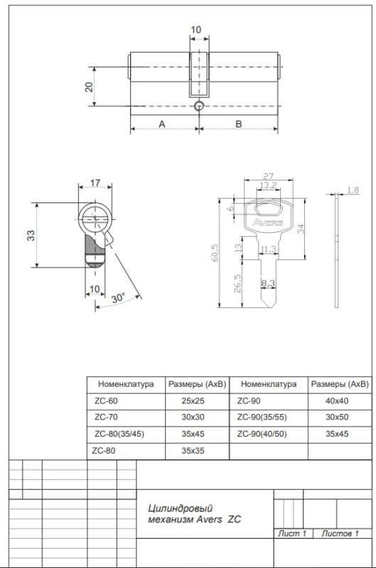 Цилиндровый механизм Avers ZC-90-CR Китай