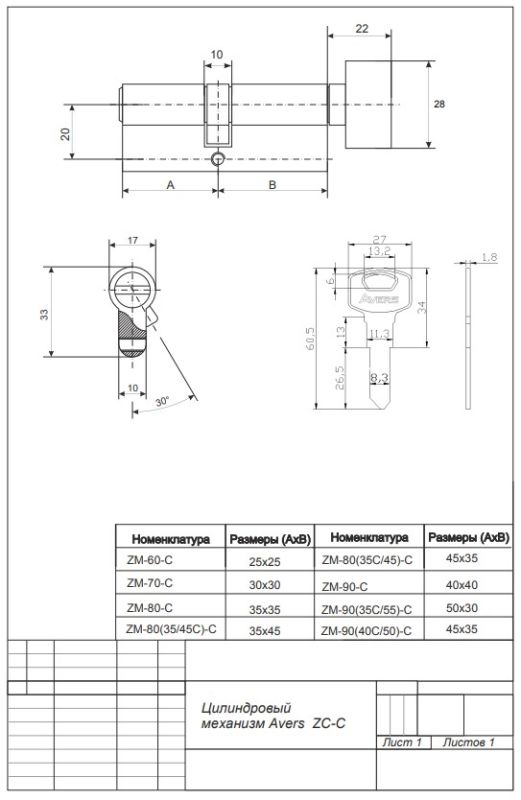 Цилиндровый механизм Avers ZC-90-C-CR Китай